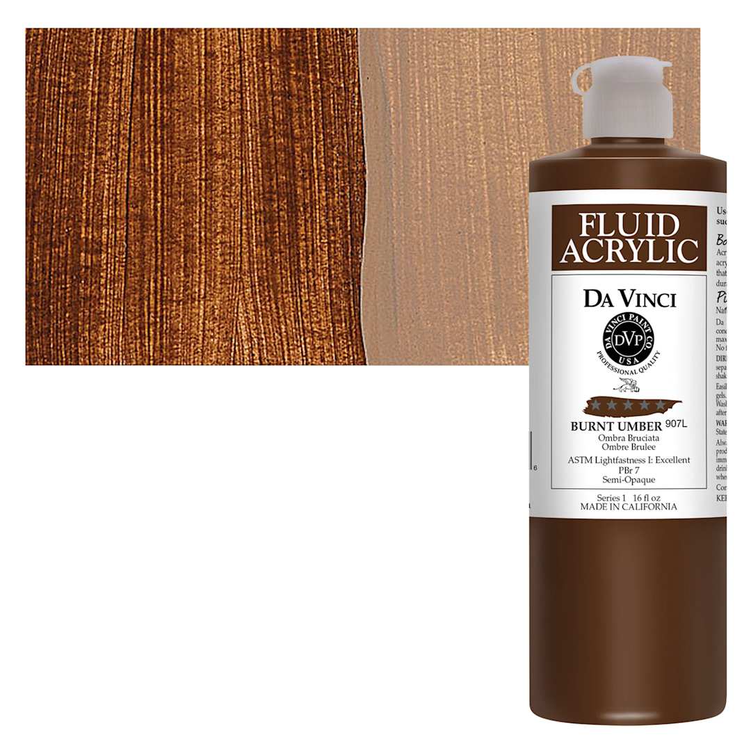 Open in modal - Da Vinci Fluid Acrylic Paint - Burnt Umber, 16 oz bottle and swatch
