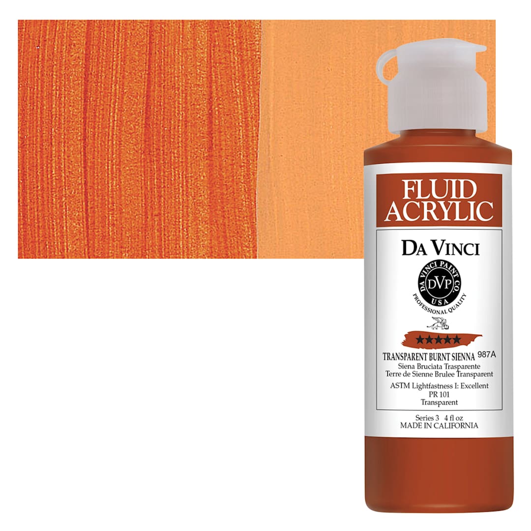 Open in modal - Da Vinci Fluid Acrylic Paint - Transparent Burnt Sienna, 4 oz bottle and swatch