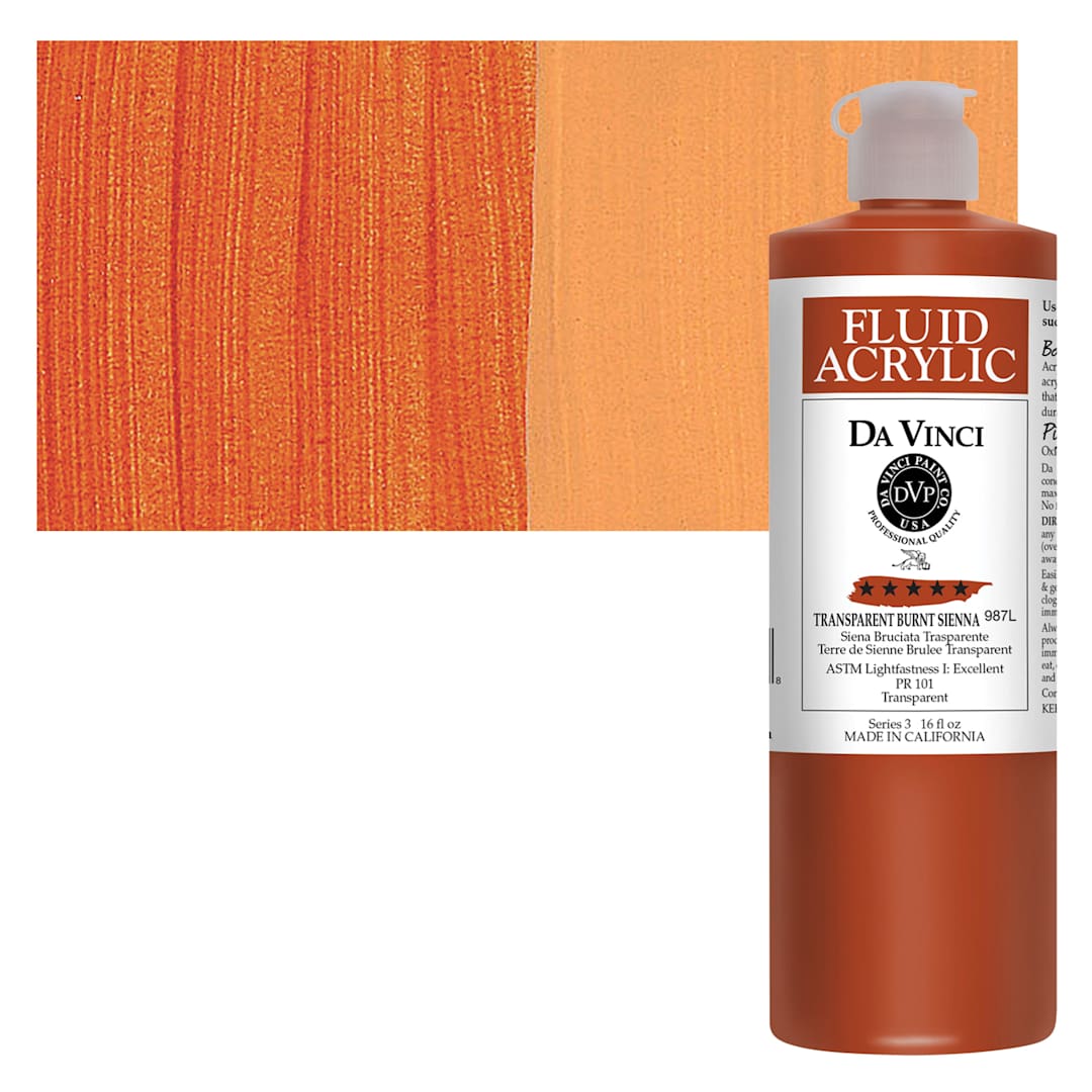 Open in modal - Da Vinci Fluid Acrylic Paint - Transparent Burnt Sienna, 16 oz bottle and swatch