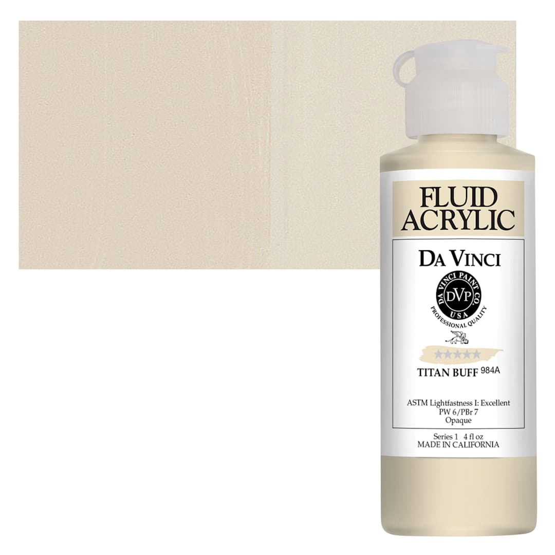 Open in modal - Da Vinci Fluid Acrylic Paint - Titanium Buff, 4 oz bottle and swatch
