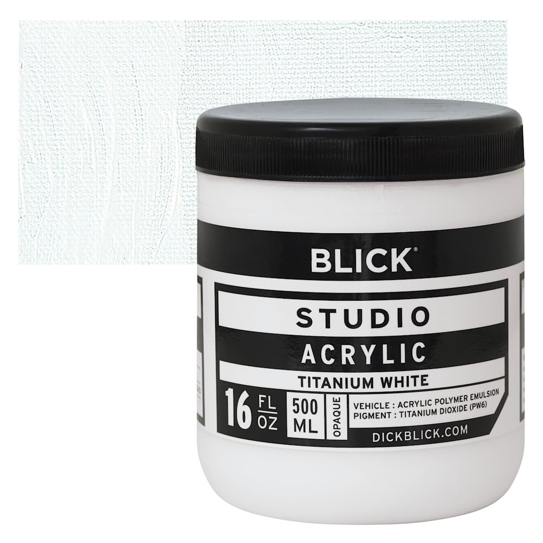 Open in modal - Blick Studio Acrylic Paint - Titanium White, 16 oz jar and swatch