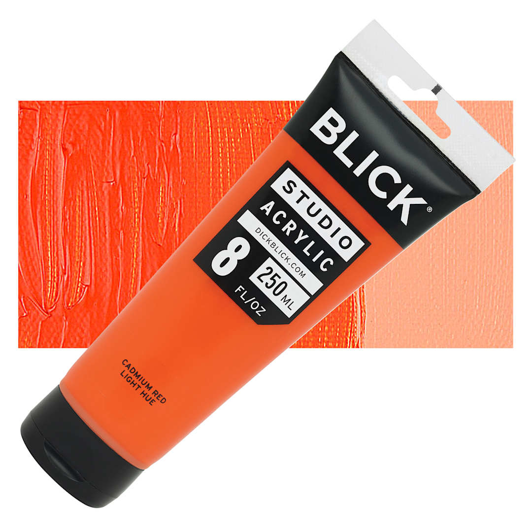 Open in modal - Blick Studio Acrylic Paint - Cadmium Red Light Hue, 8 oz tube and swatch