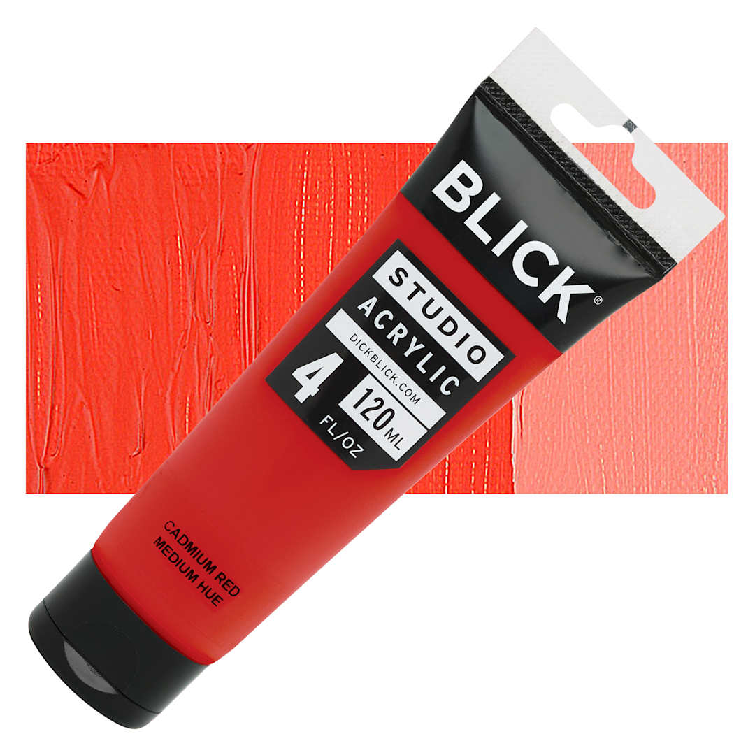 Open in modal - Blick Studio Acrylic Paint - Cadmium Red Medium Hue, 4 oz tube and swatch