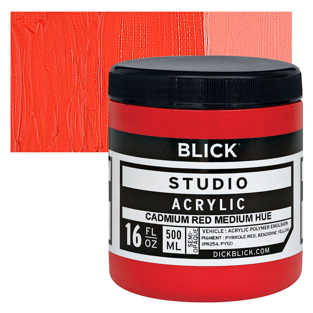 Open in modal - Blick Studio Acrylic Paint -  Cadmium Red Medium Hue, 16 oz jar and swatch