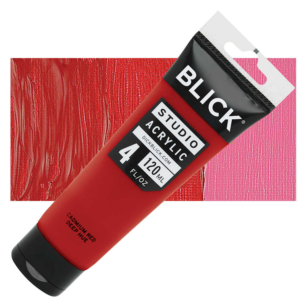 Open in modal - Blick Studio Acrylic Paint - Cadmium Red Deep Hue, 4 oz tube and swatch