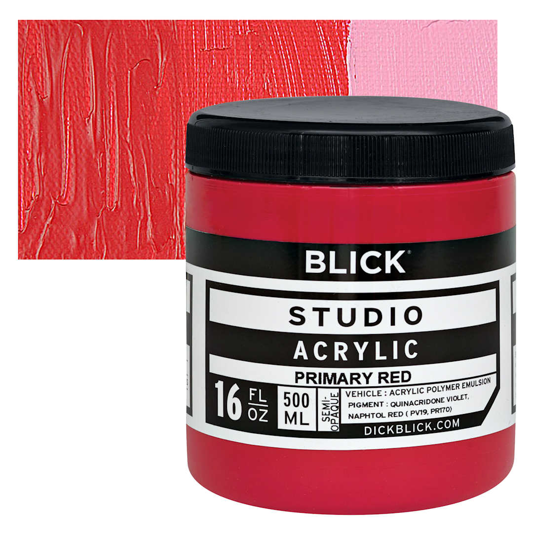 Open in modal - Blick Studio Acrylic Paint - Primary Red, 16 oz jar and swatch