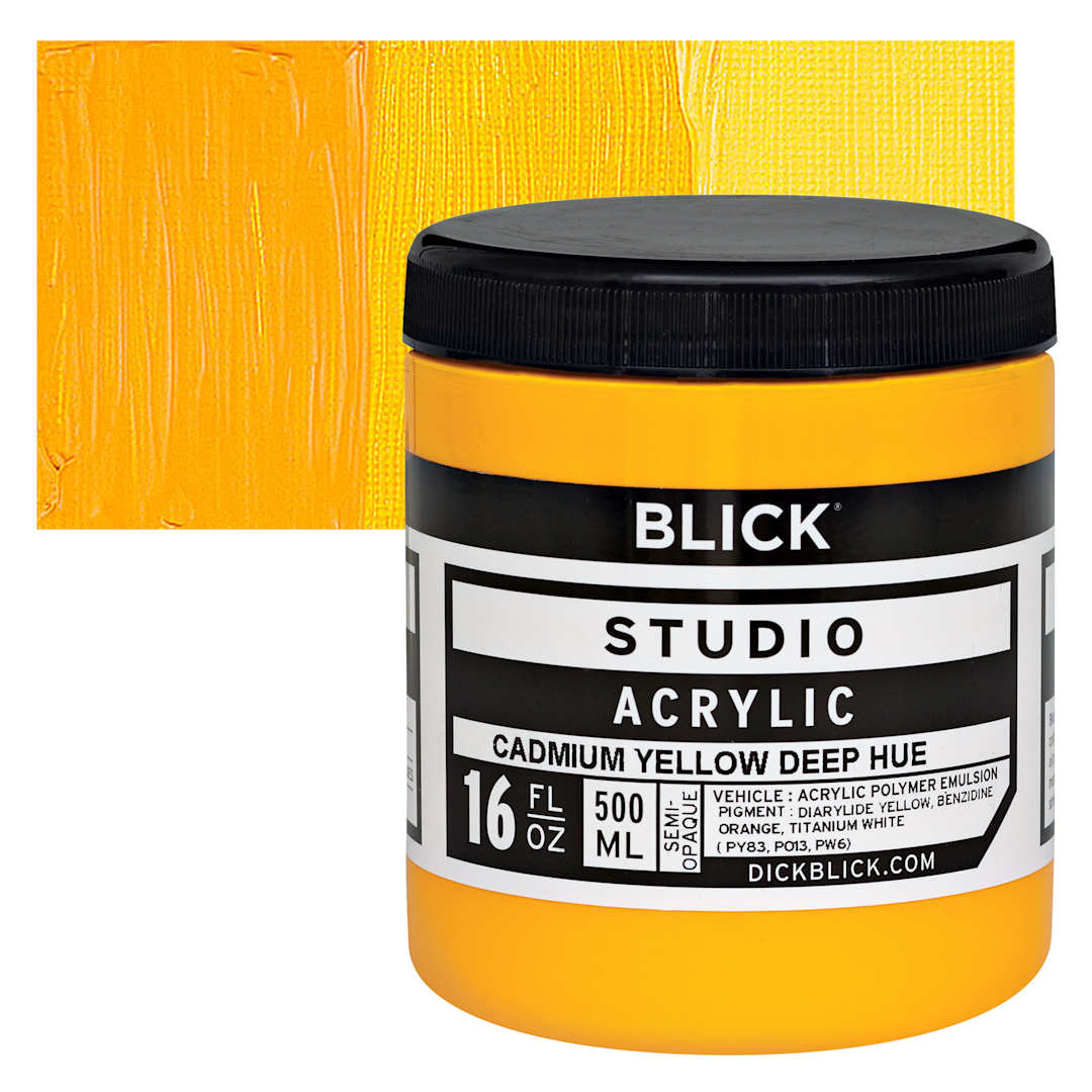 Open in modal - Blick Studio Acrylic Paint - Cadmium Yellow Deep Hue,  16 oz jar and swatch