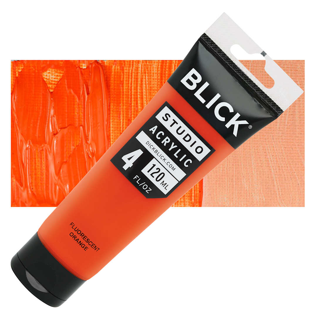 Open in modal - Blick Studio Acrylic Paint - Fluorescent Orange, 4 oz tube and swatch