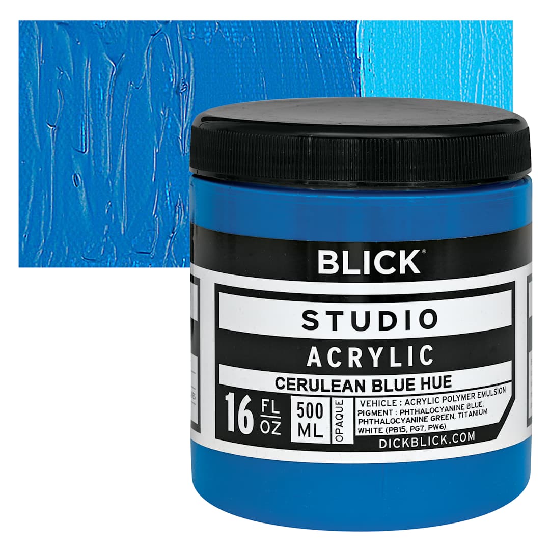 Open in modal - Blick Studio Acrylic Paint - Cerulean Blue Hue,  16 oz jar and swatch