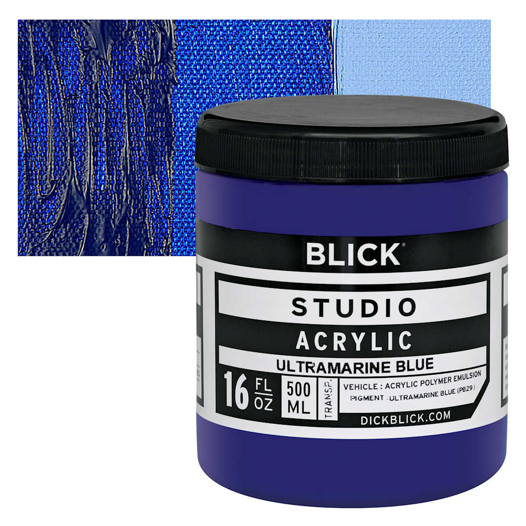 Open in modal - Blick Studio Acrylic Paint - Ultramarine Blue,  16 oz jar and swatch