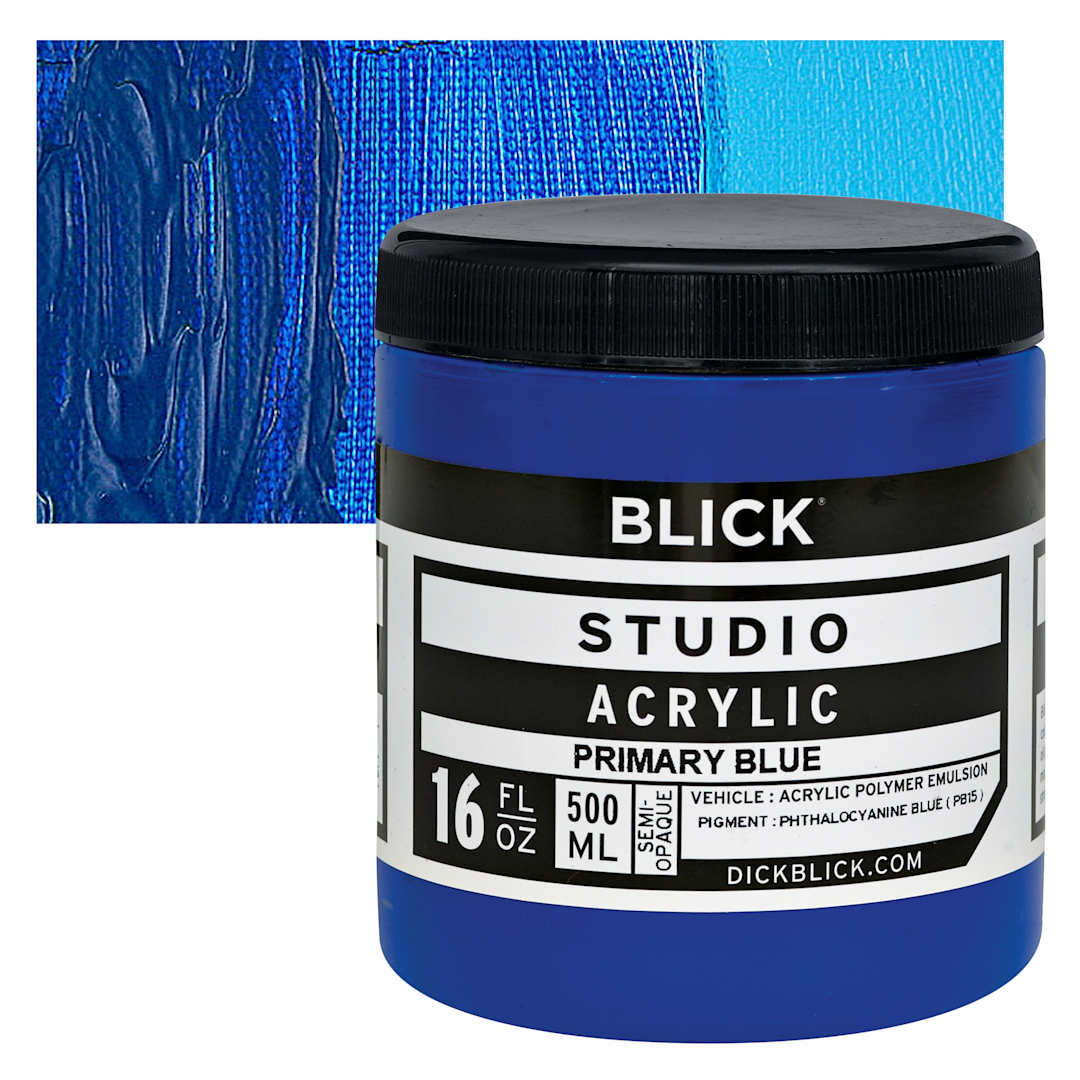 Open in modal - Blick Studio Acrylic Paint - Primary Blue,  16 oz jar and swatch