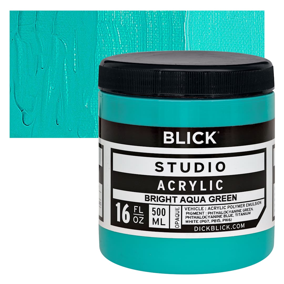 Open in modal - Blick Studio Acrylic Paint - Bright Aqua Green, 16 oz jar and swatch