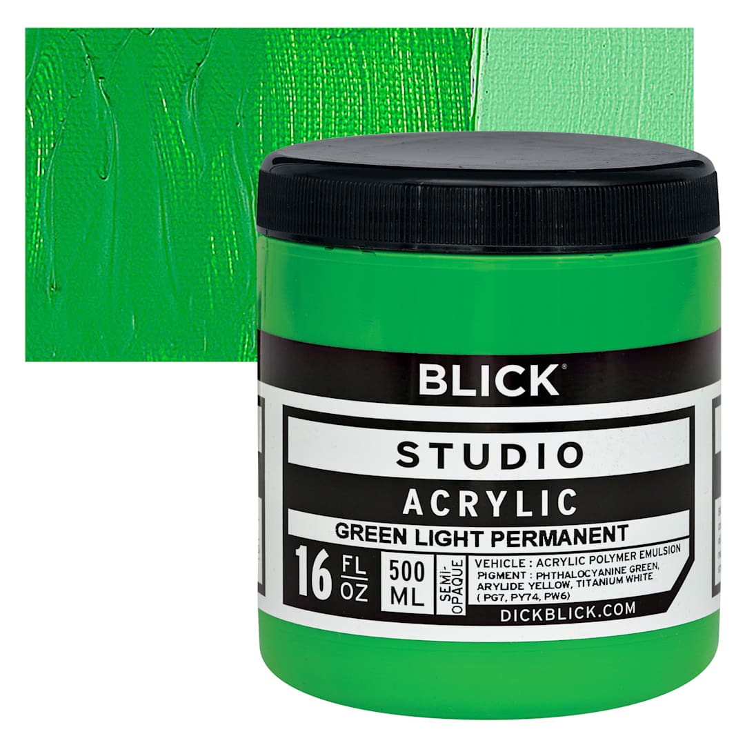 Open in modal - Blick Studio Acrylic Paint - Green Light Permanent,  16 oz jar and swatch
