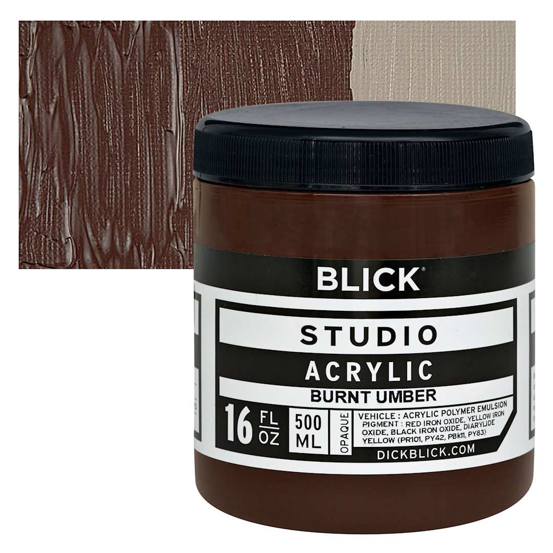 Open in modal - Blick Studio Acrylic Paint - Burnt Umber,  16 oz jar and swatch