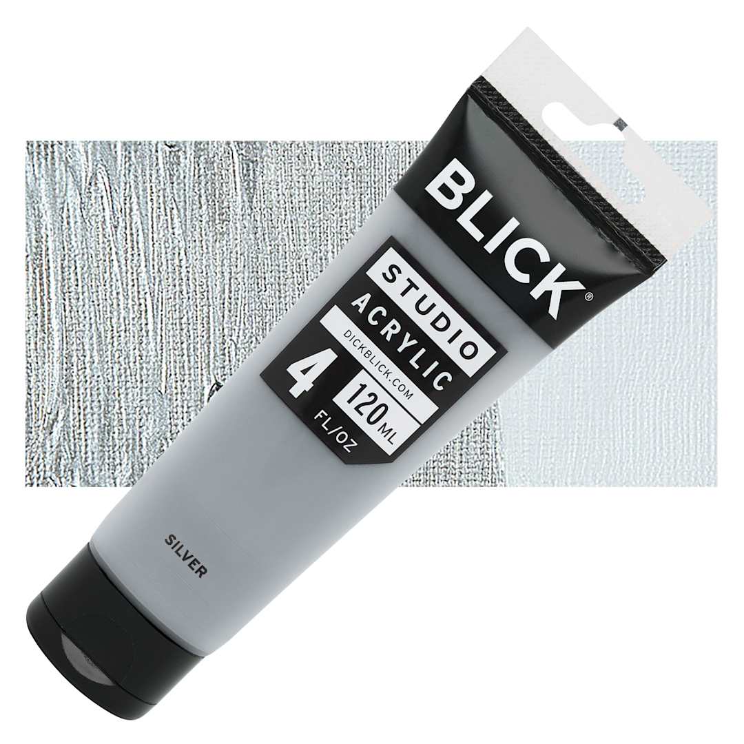 Open in modal - Blick Studio Acrylic Paint - Silver Metallic, 4 oz tube and swatch