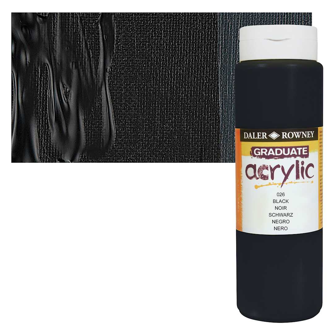 Open in modal - Daler-Rowney Graduate Acrylic Paint - Black, 500 ml bottle and swatch