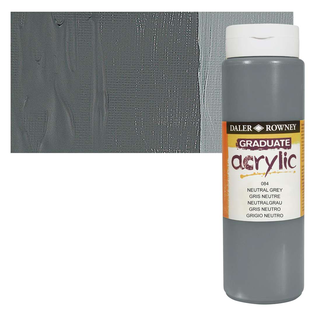 Open in modal - Daler-Rowney Graduate Acrylic Paint - Neutral Gray, 500 ml bottle and swatch