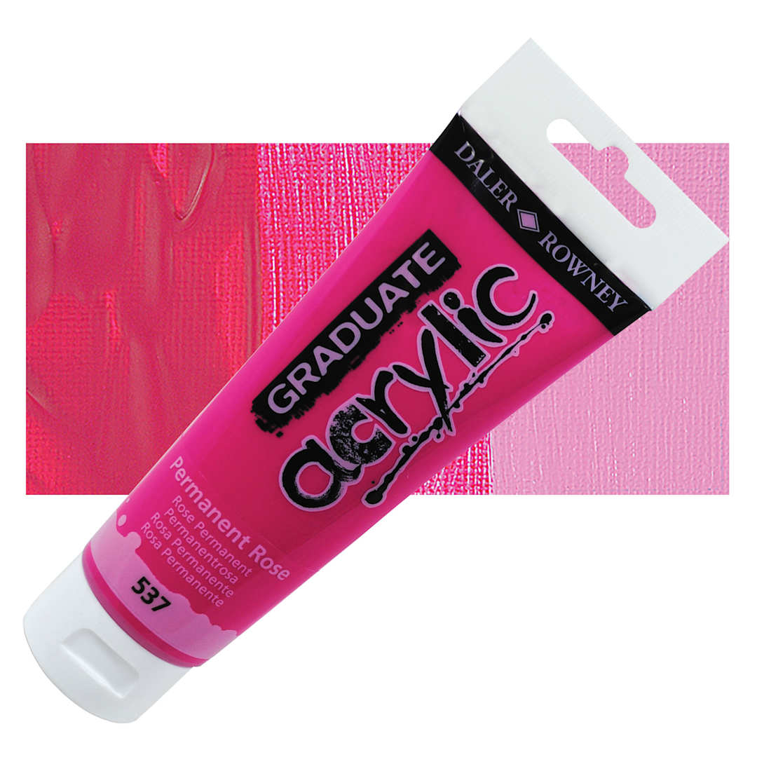 Open in modal - Daler-Rowney Graduate Acrylic Paint - Permanent Rose, 120 ml tube and swatch