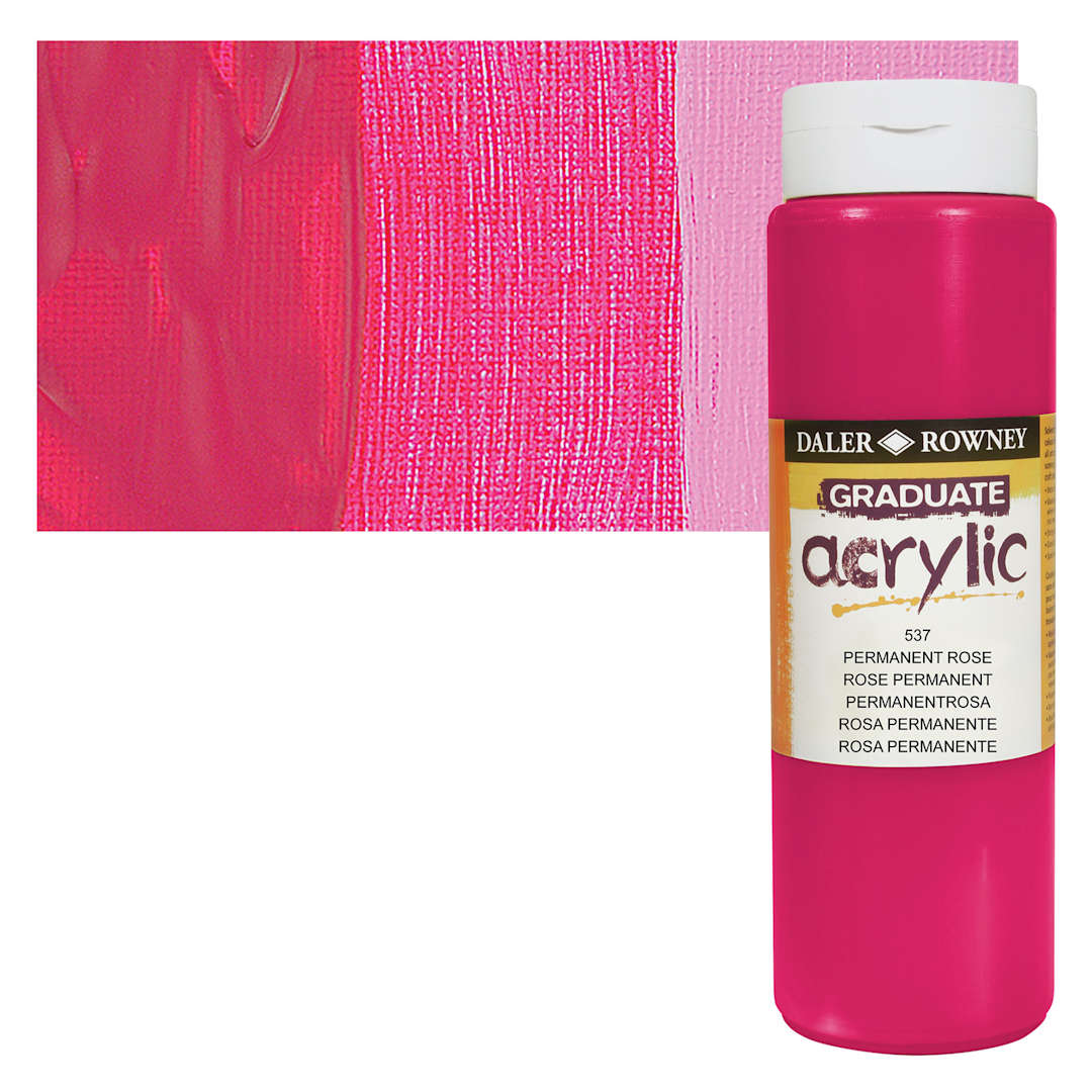 Open in modal - Daler-Rowney Graduate Acrylic Paint - Permanent Rose, 500 ml bottle and swatch