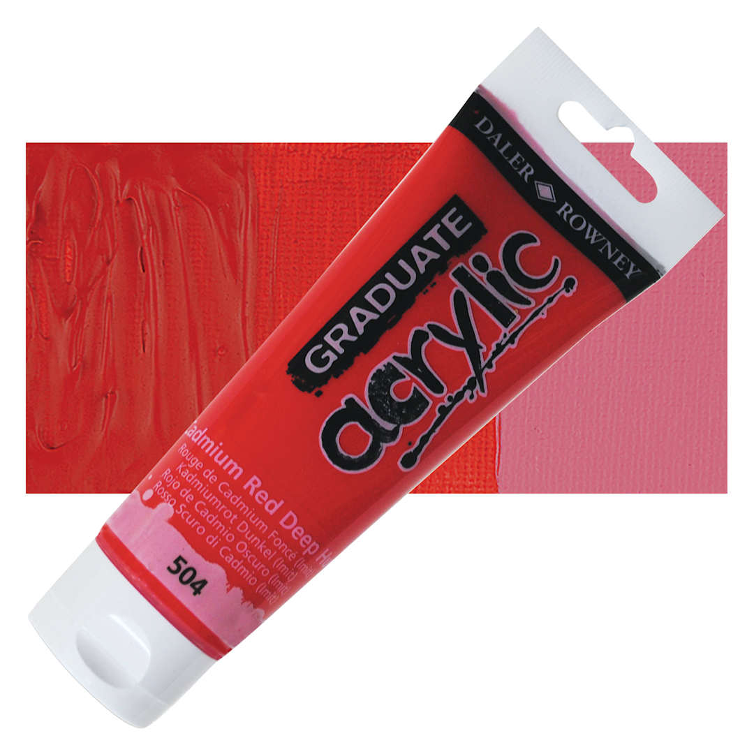 Open in modal - Daler-Rowney Graduate Acrylic Paint - Cadmium Red Deep Hue, 120 ml tube and swatch