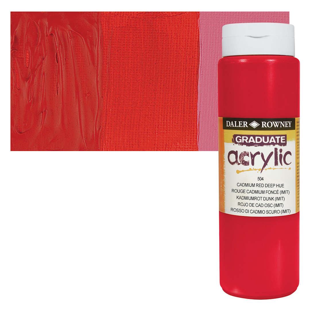 Open in modal - Daler-Rowney Graduate Acrylic Paint - Cadmium Red Deep Hue, 500 ml bottle and swatch