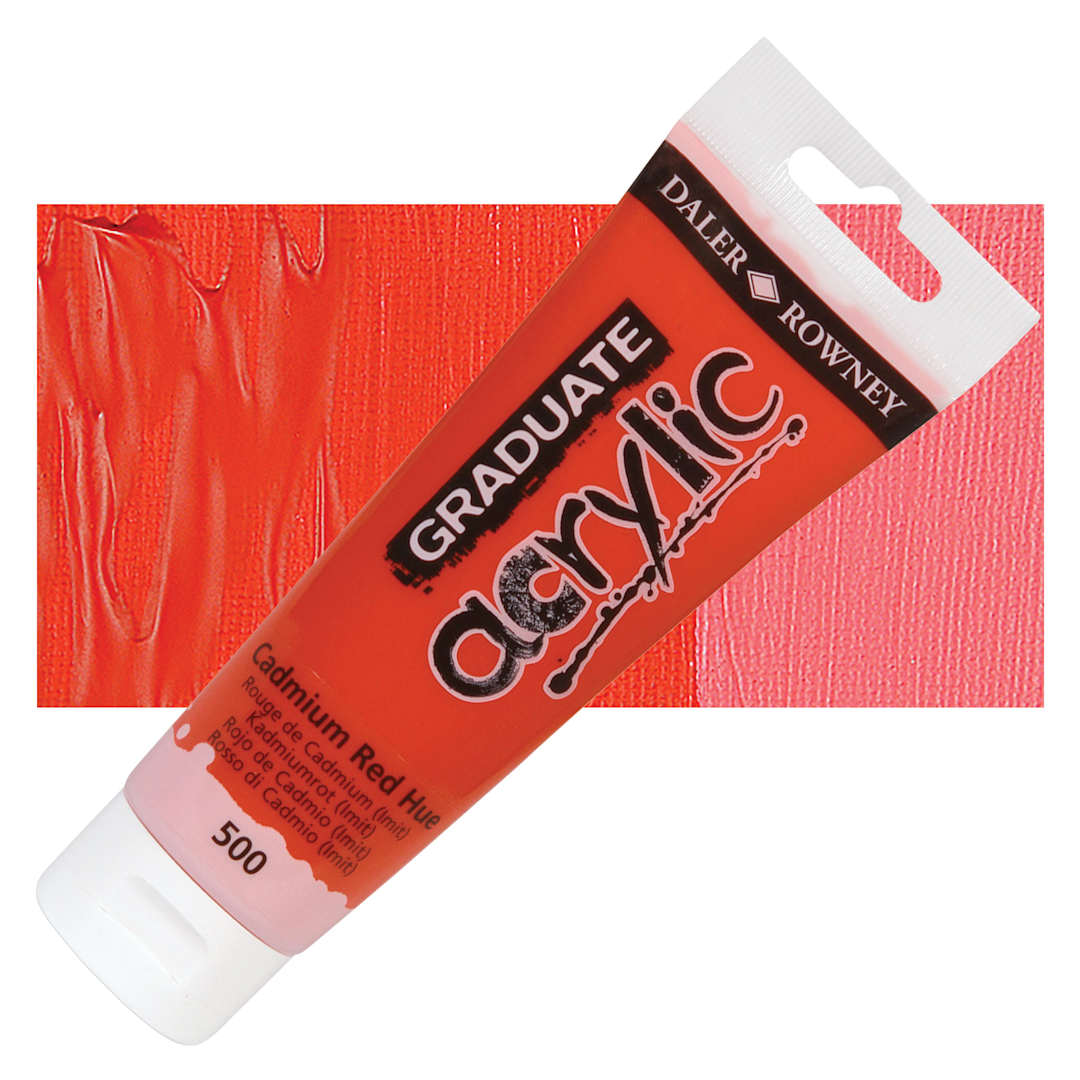 Open in modal - Daler-Rowney Graduate Acrylic Paint - Cadmium Red Hue, 120 ml tube and swatch