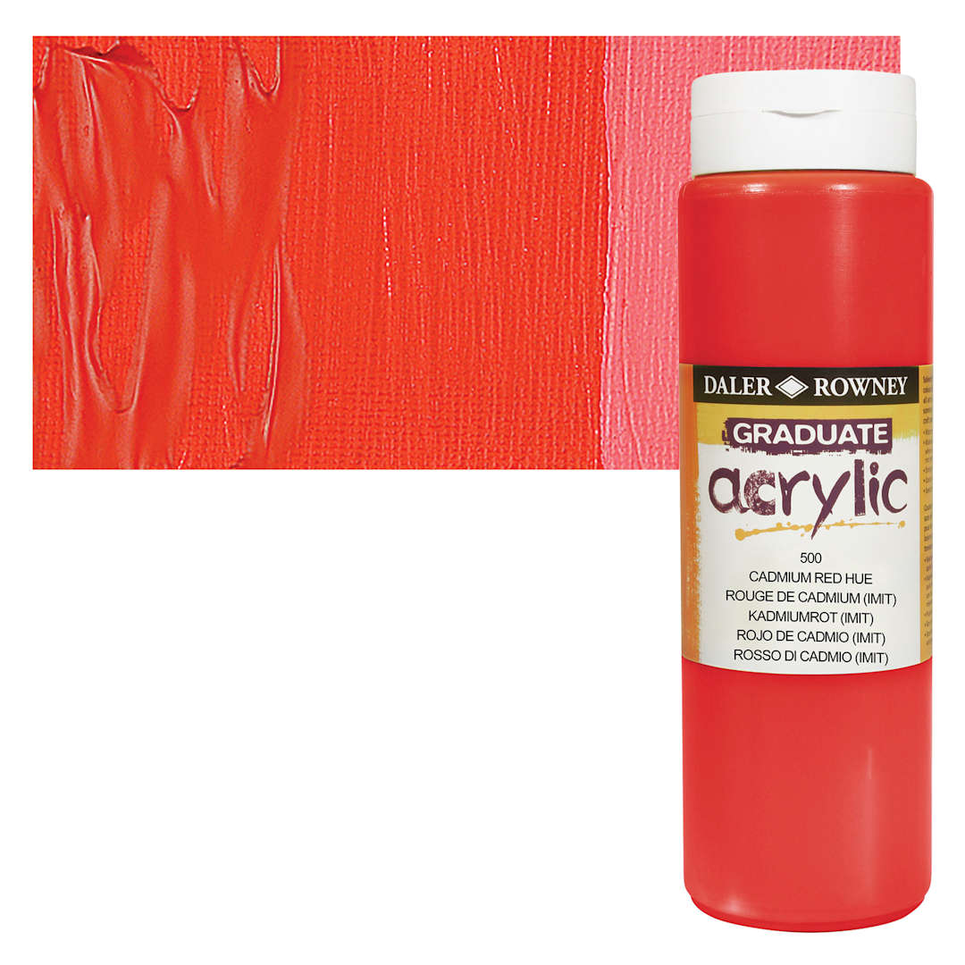 Open in modal - Daler-Rowney Graduate Acrylic Paint - Cadmium Red Hue, 500 ml bottle and swatch