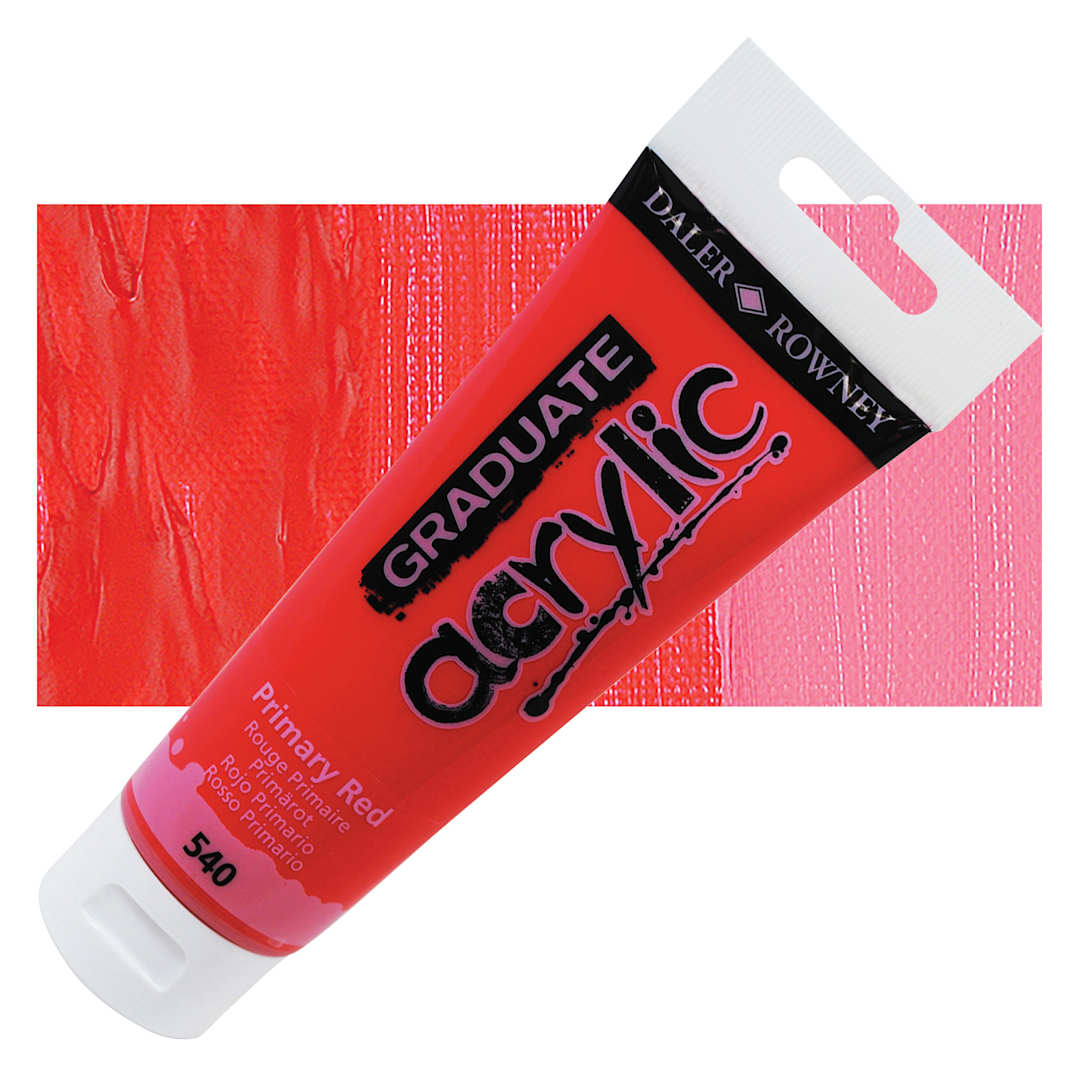 Open in modal - Daler-Rowney Graduate Acrylic Paint - Primary Red, 120 ml tube and swatch