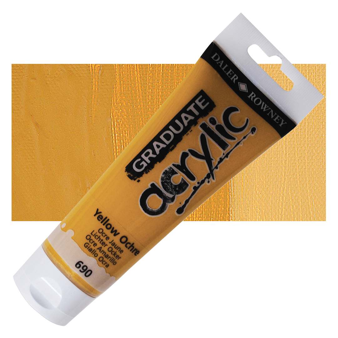 Open in modal - Daler-Rowney Graduate Acrylic Paint - Yellow Ochre, 120 ml tube and swatch