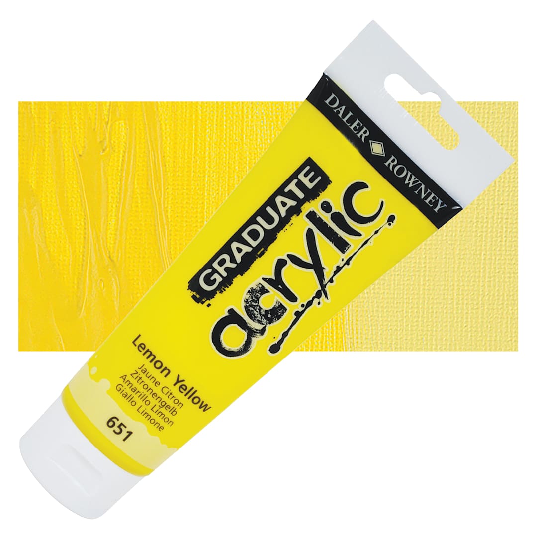 Open in modal - Daler-Rowney Graduate Acrylic Paint - Lemon Yellow, 120 ml tube and swatch