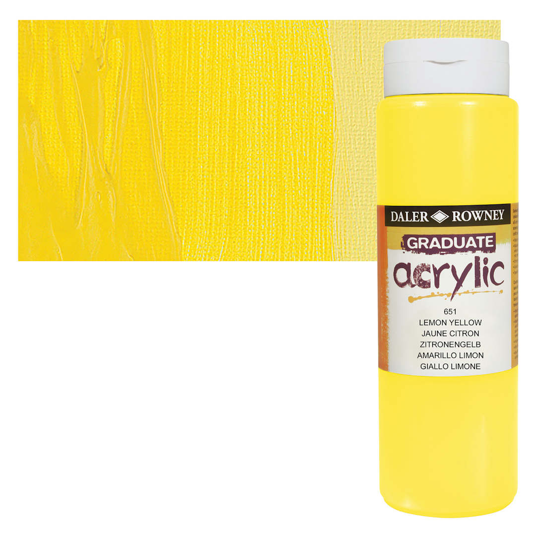 Open in modal - Daler-Rowney Graduate Acrylic Paint - Lemon Yellow, 500 ml bottle and swatch
