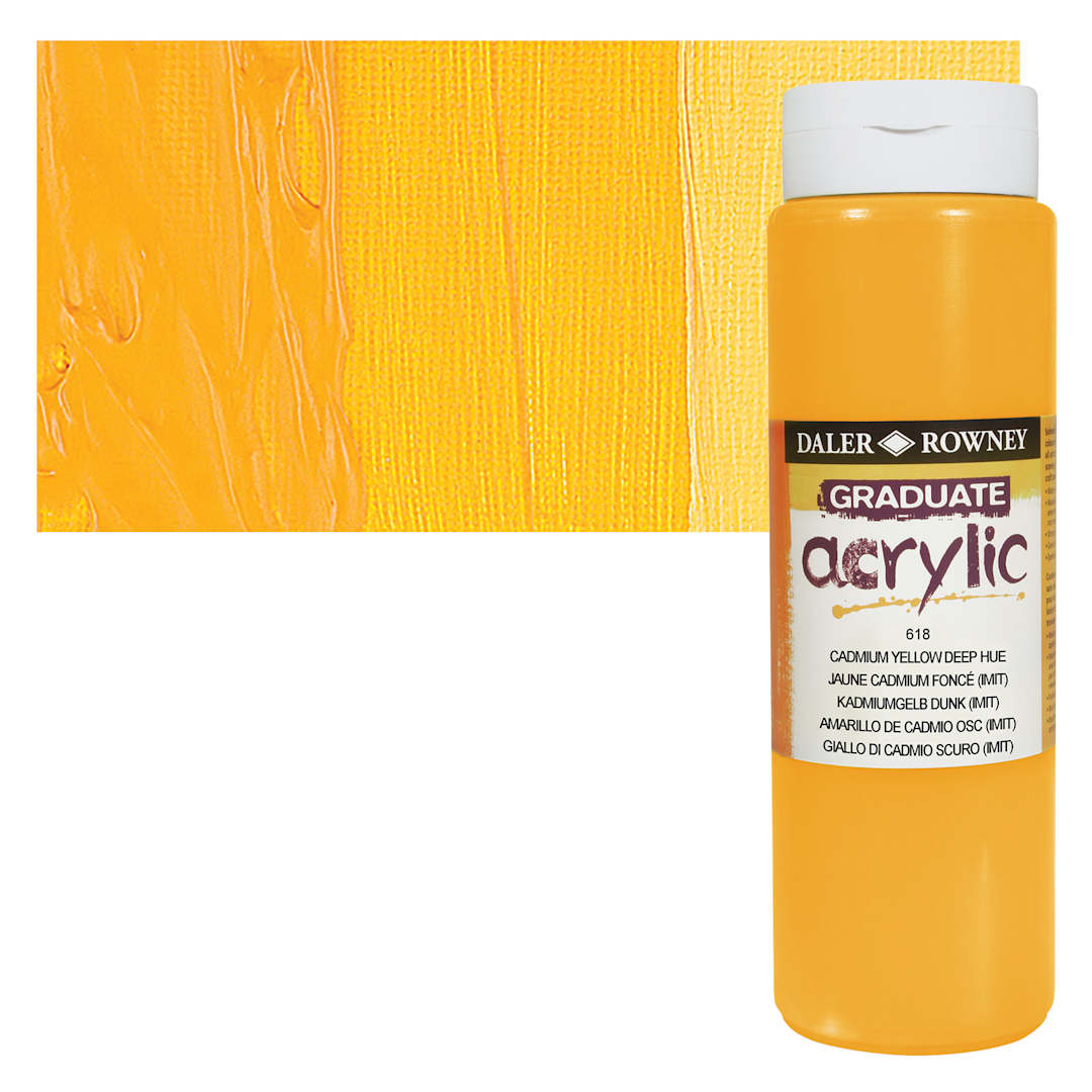 Open in modal - Daler-Rowney Graduate Acrylic Paint - Cadmium Yellow Deep Hue, 500 ml bottle and swatch