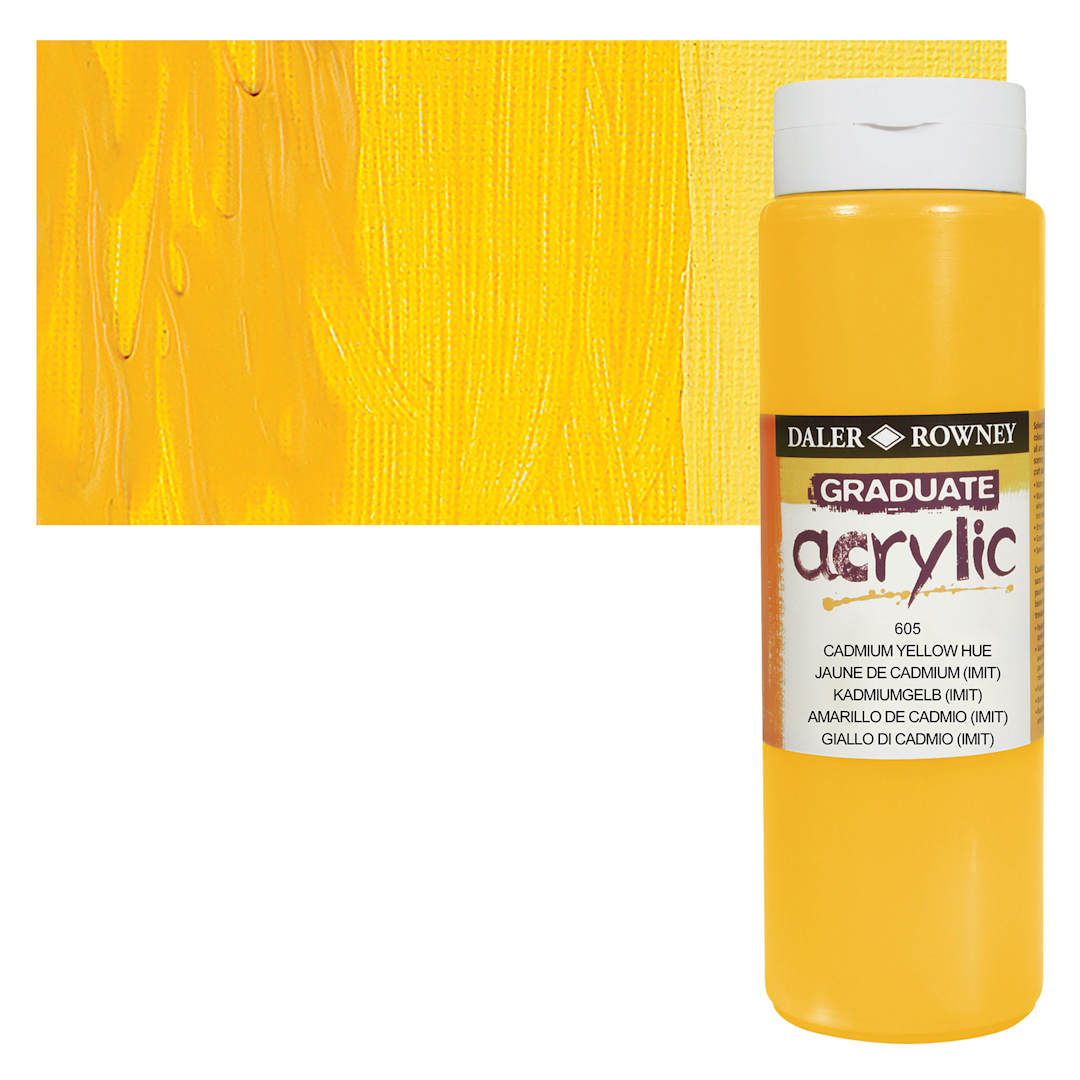 Open in modal - Daler-Rowney Graduate Acrylic Paint - Cadmium Yellow Hue, 500 ml bottle and swatch
