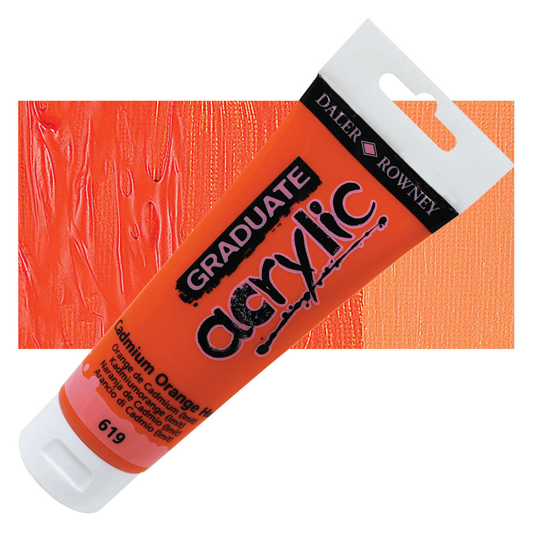 Open in modal - Daler-Rowney Graduate Acrylic Paint - Cadmium Orange Hue, 120 ml tube and swatch
