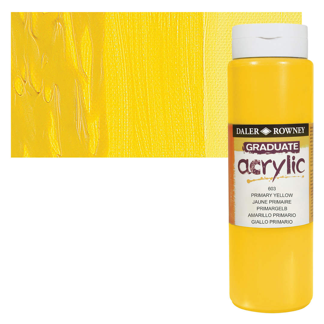 Open in modal - Daler-Rowney Graduate Acrylic Paint - Primary Yellow, 500 ml bottle and swatch