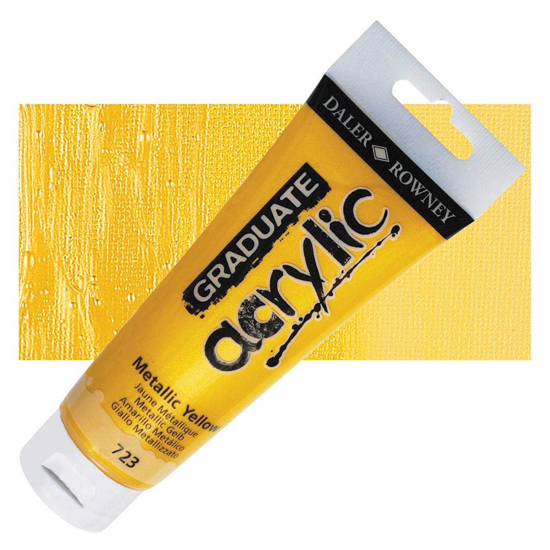 Open in modal - Daler-Rowney Graduate Acrylic Paint - Metallic Yellow, 120 ml tube and swatch