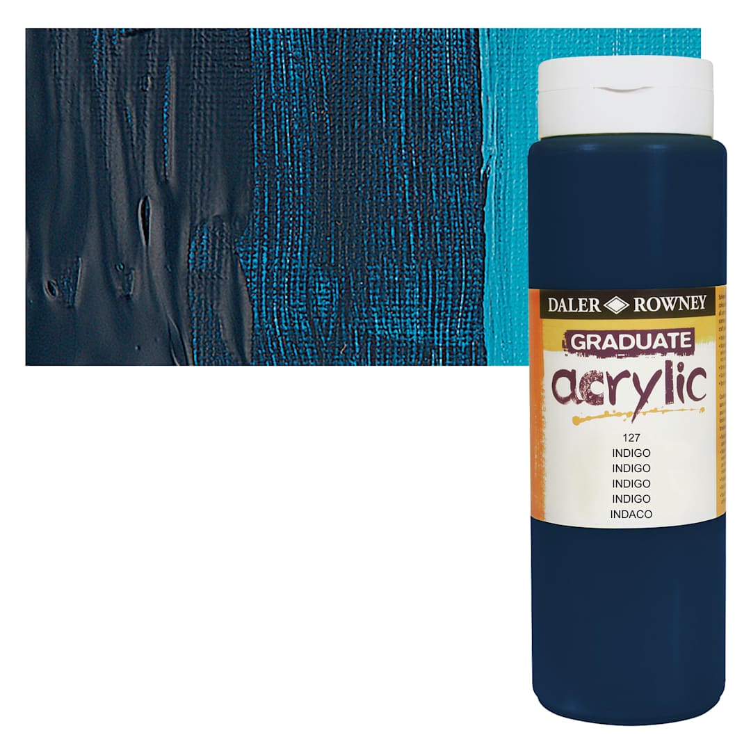 Open in modal - Daler-Rowney Graduate Acrylic Paint - Indigo, 500 ml bottle and swatch