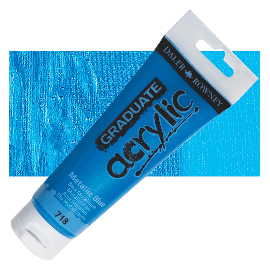 Open in modal - Daler-Rowney Graduate Acrylic Paint - Metallic Blue, 120 ml tube and swatch