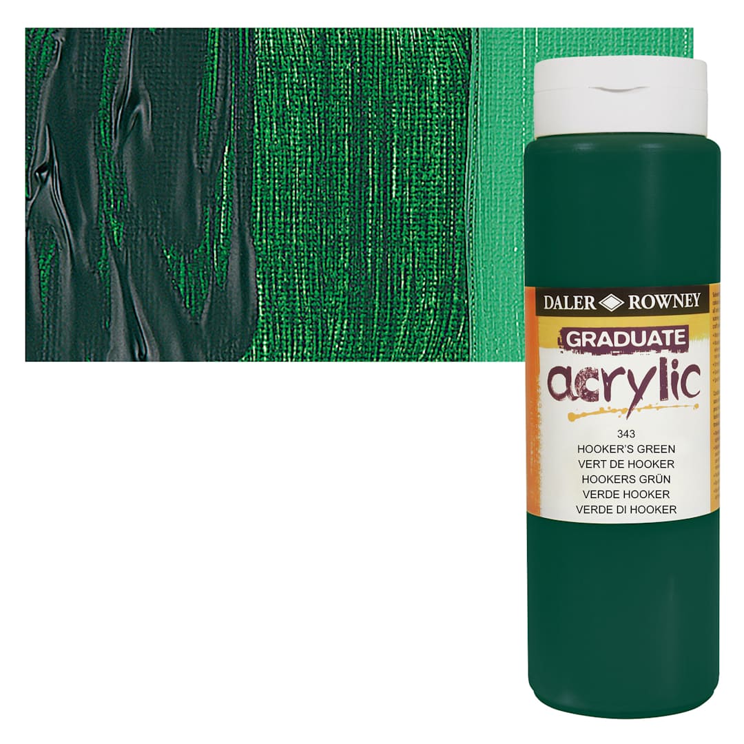 Open in modal - Daler-Rowney Graduate Acrylic Paint - Hooker's Green, 500 ml bottle and swatch