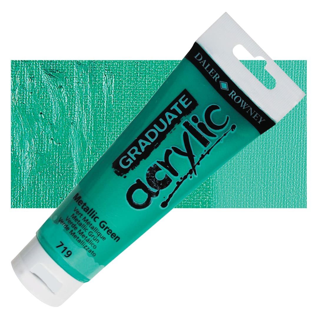 Open in modal - Daler-Rowney Graduate Acrylic Paint - Metallic Green, 120 ml tube and swatch