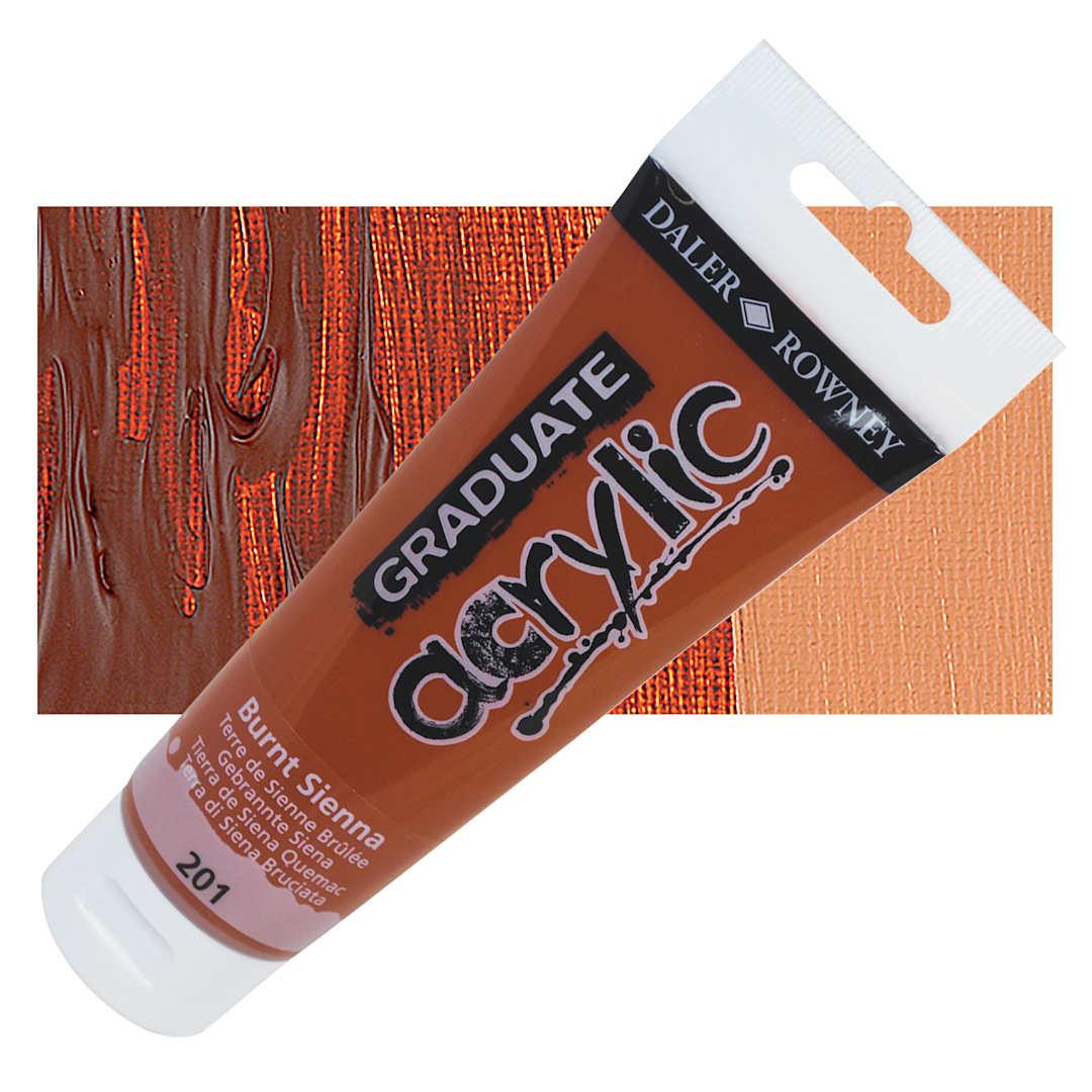 Open in modal - Daler-Rowney Graduate Acrylic Paint - Burnt Sienna, 120 ml tube and swatch