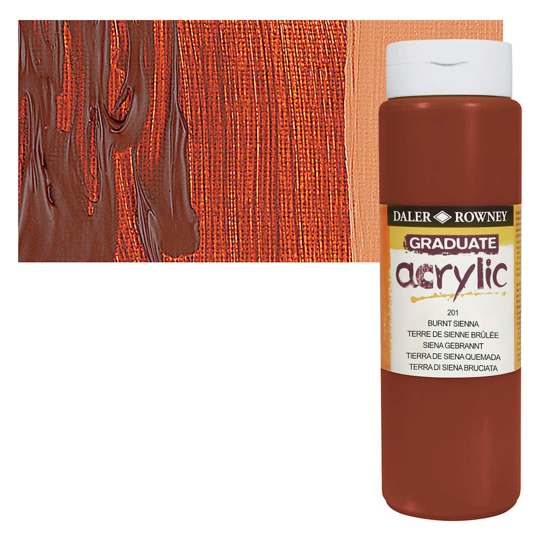 Open in modal - Daler-Rowney Graduate Acrylic Paint - Burnt Sienna, 500 ml bottle and swatch