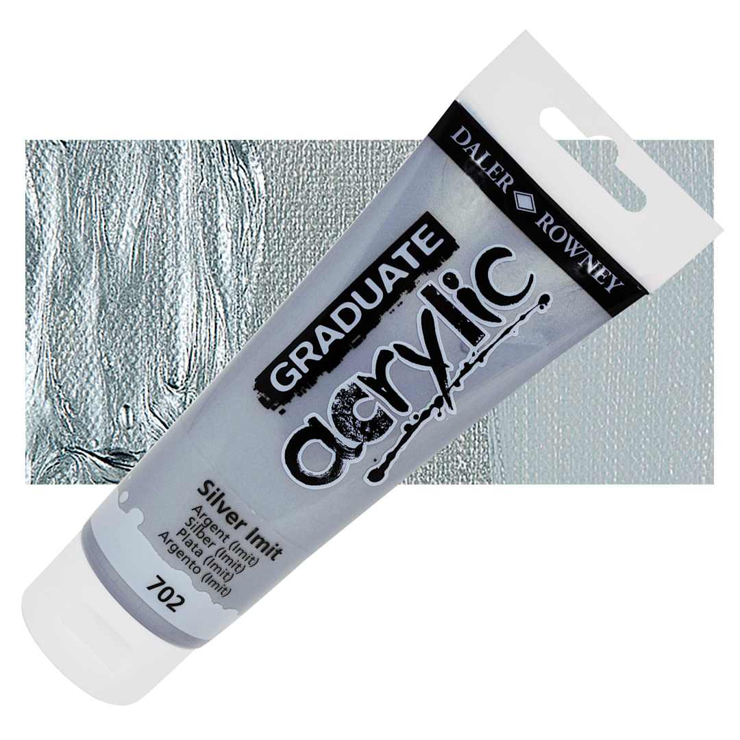 Open in modal - Daler-Rowney Graduate Acrylic Paint - Silver Imitation, 120 ml tube and swatch