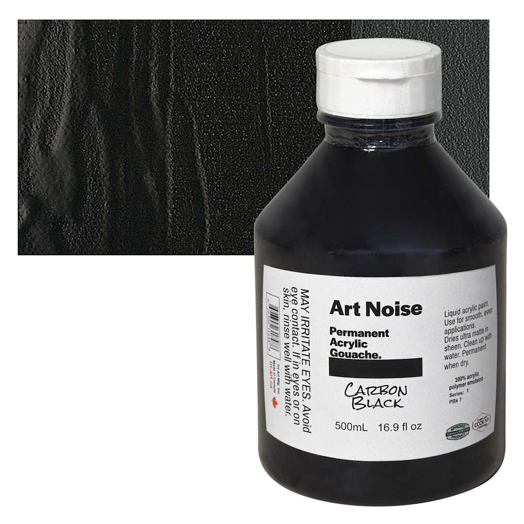 Open in modal - Tri-Art Art Noise Permanent Acrylic Gouache - Carbon Black, 500 ml, Bottle and swatch