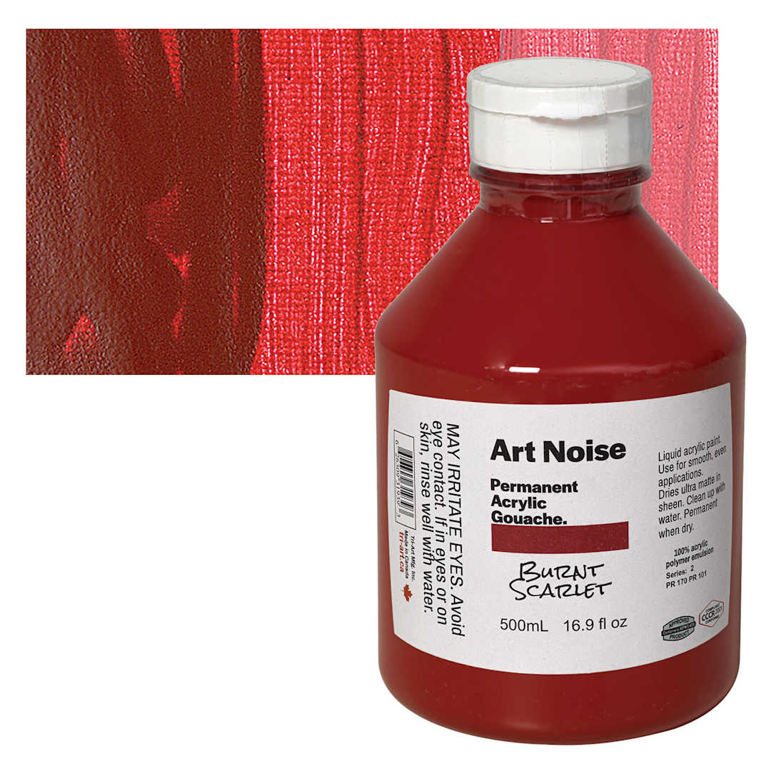 Open in modal - Tri-Art Art Noise Permanent Acrylic Gouache - Burnt Scarlet, 500 ml, Bottle and swatch
