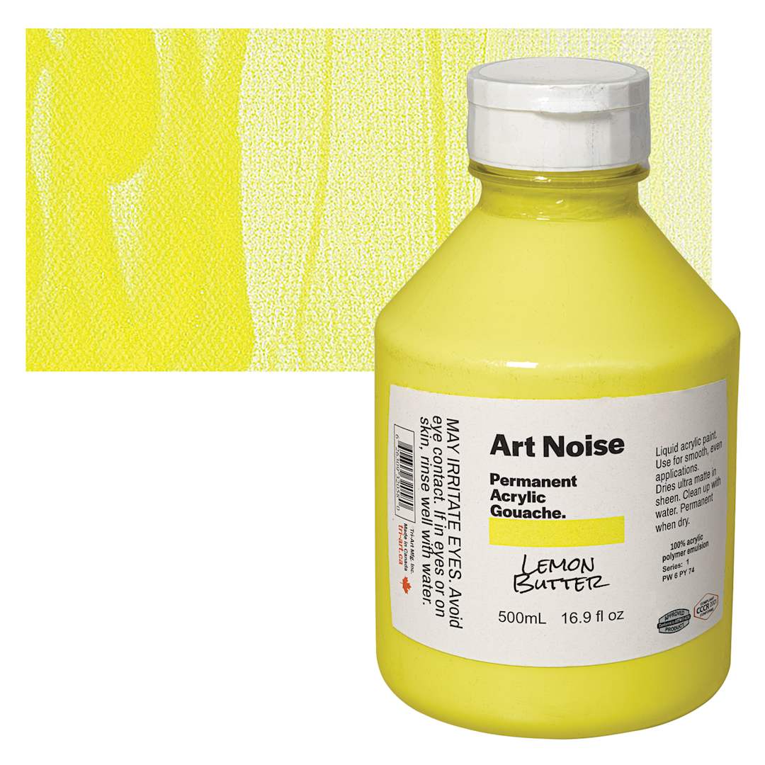 Open in modal - Tri-Art Art Noise Permanent Acrylic Gouache - Lemon Butter, 500 ml, Bottle and swatch
