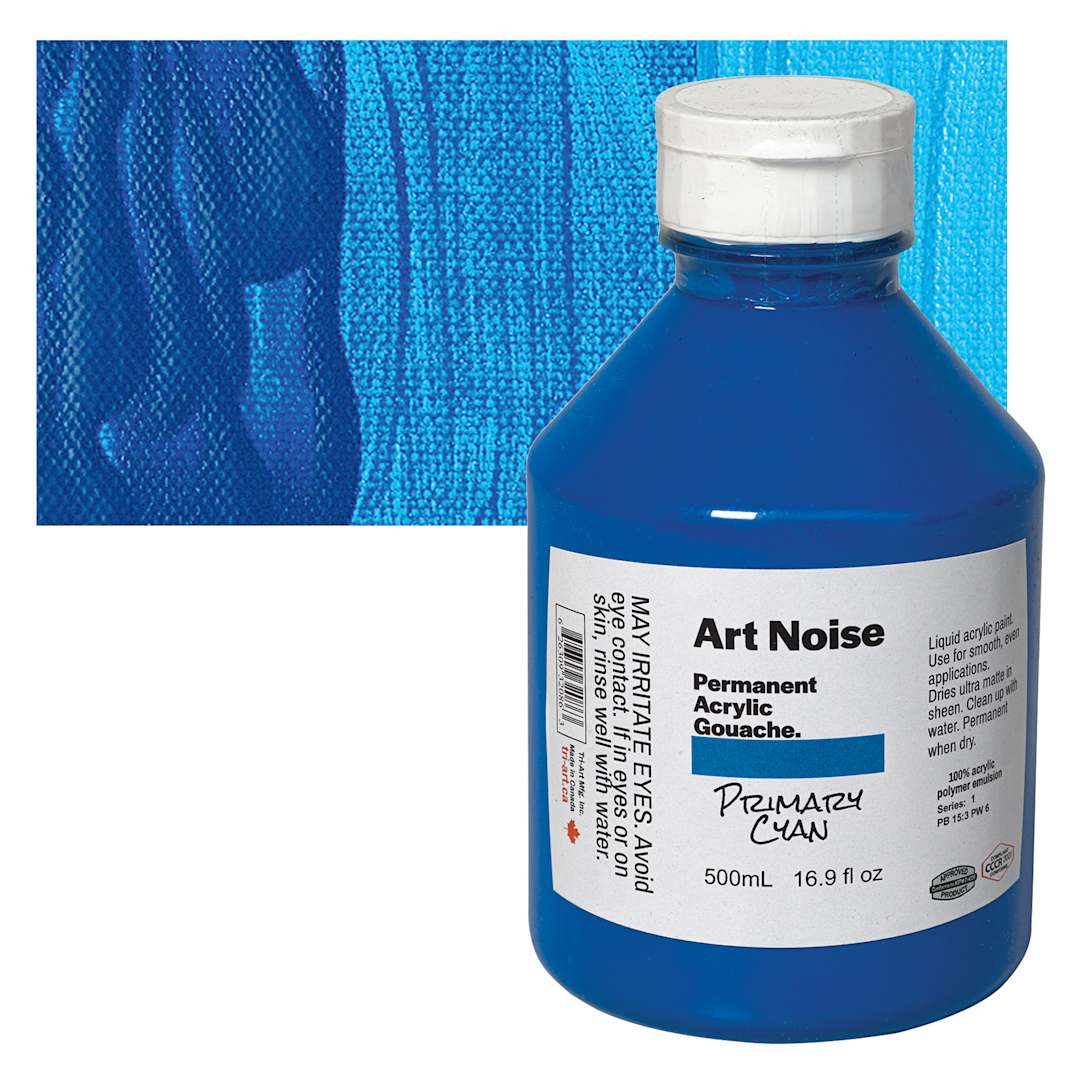 Open in modal - Tri-Art Art Noise Permanent Acrylic Gouache - Primary Cyan, 500 ml, Bottle and swatch