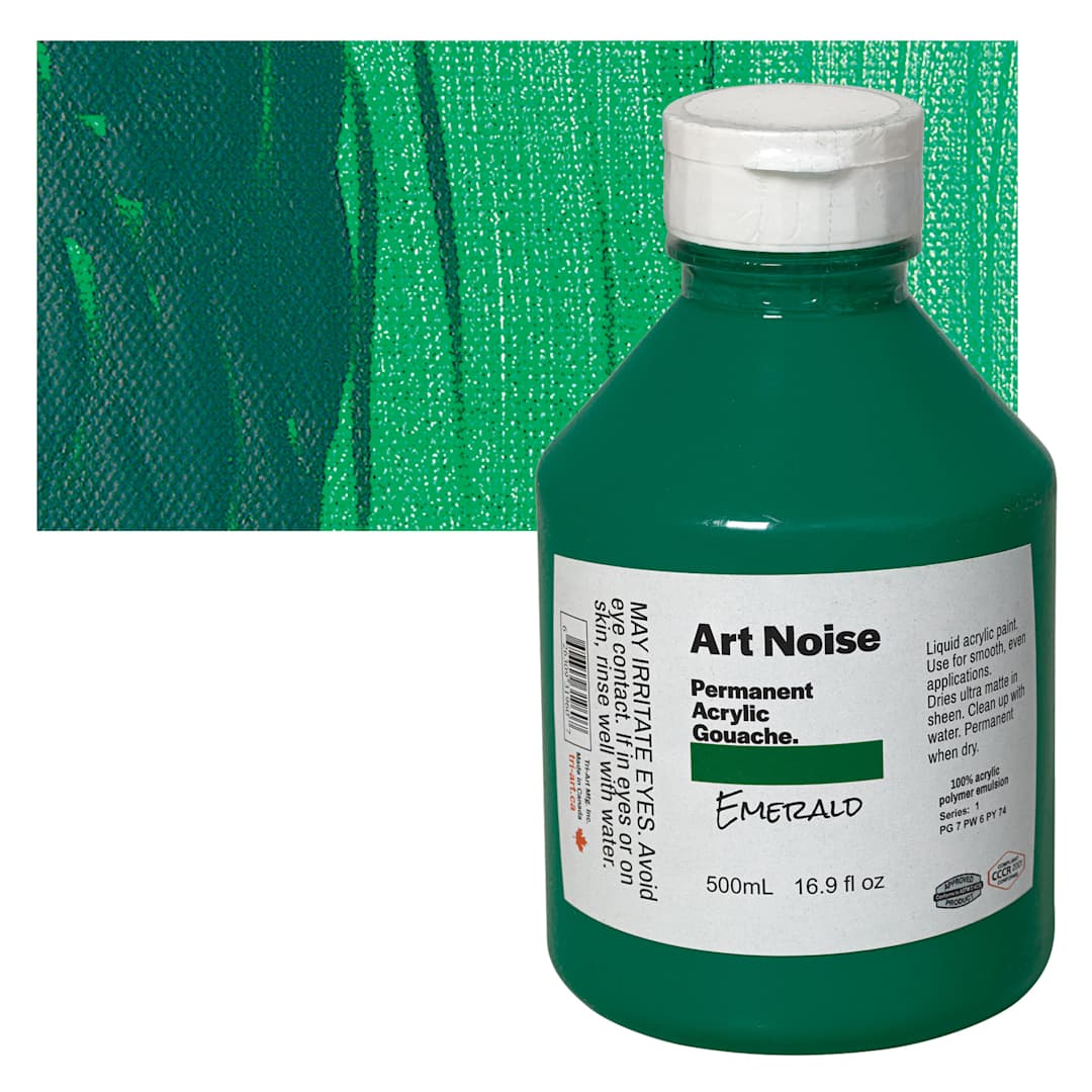 Open in modal - Tri-Art Art Noise Permanent Acrylic Gouache - Emerald, 500 ml, Bottle and swatch