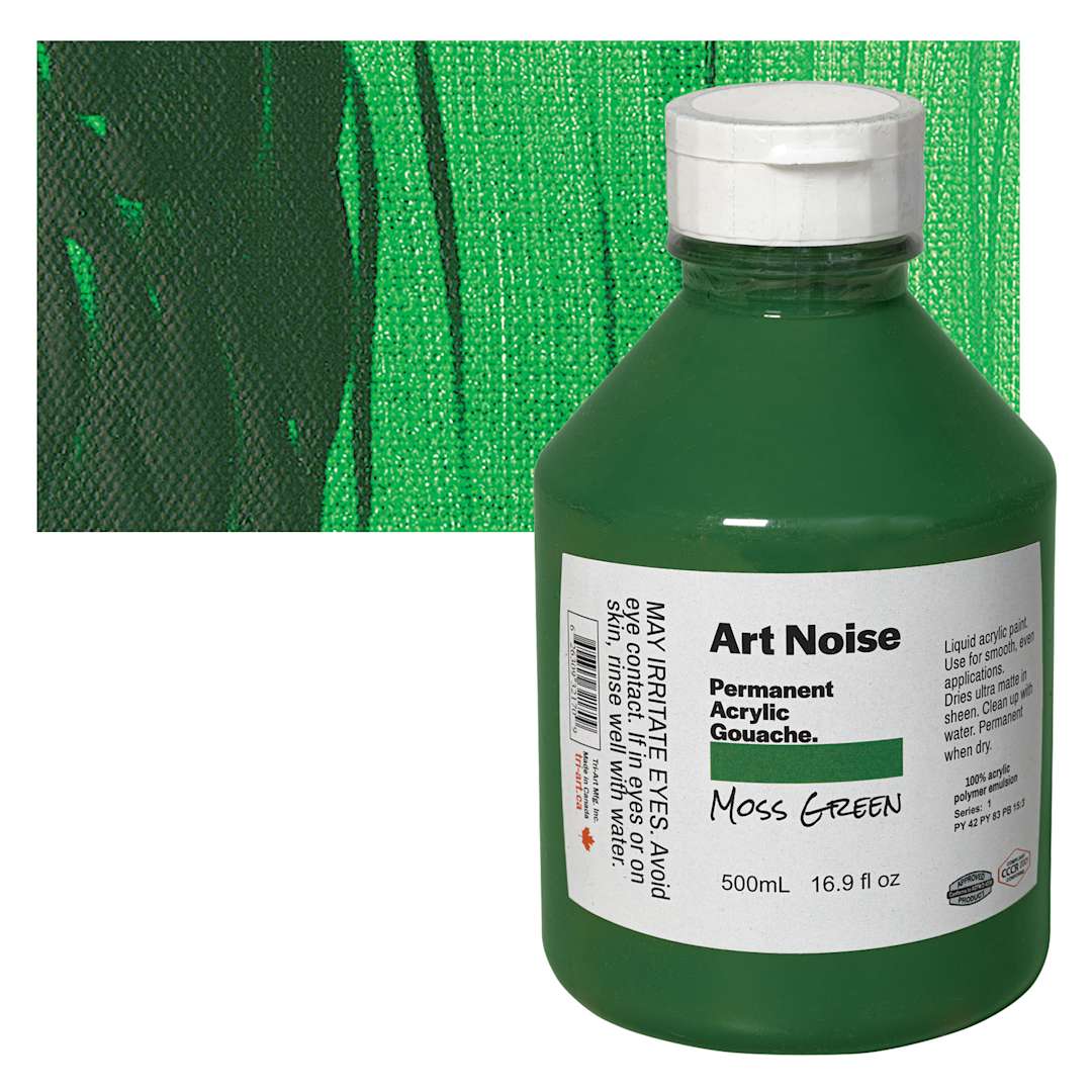 Open in modal - Tri-Art Art Noise Permanent Acrylic Gouache - Moss Green, 500 ml, Bottle and swatch