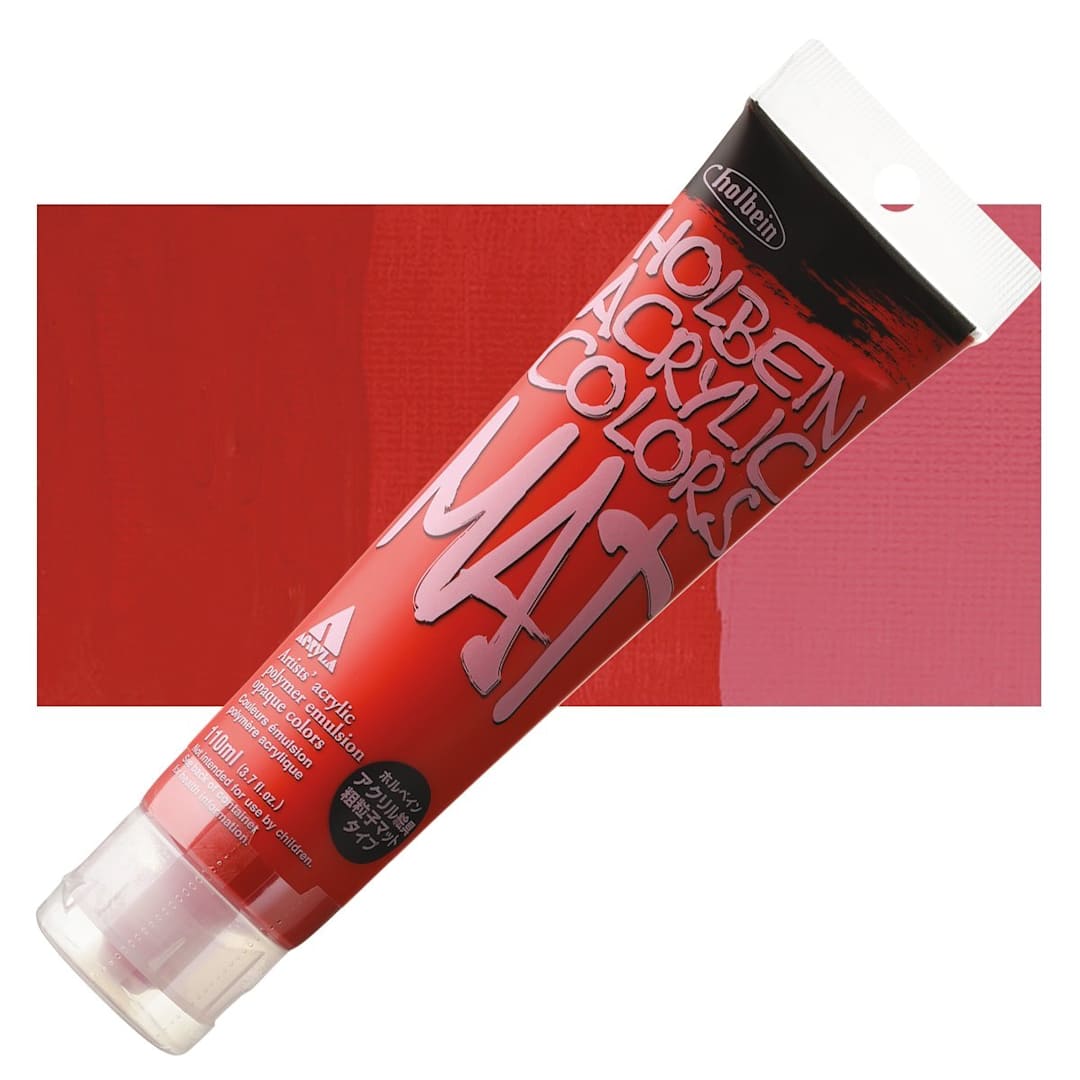 Open in modal - Holbein Mat Acrylic - Carmine, 110 ml tube and swatch